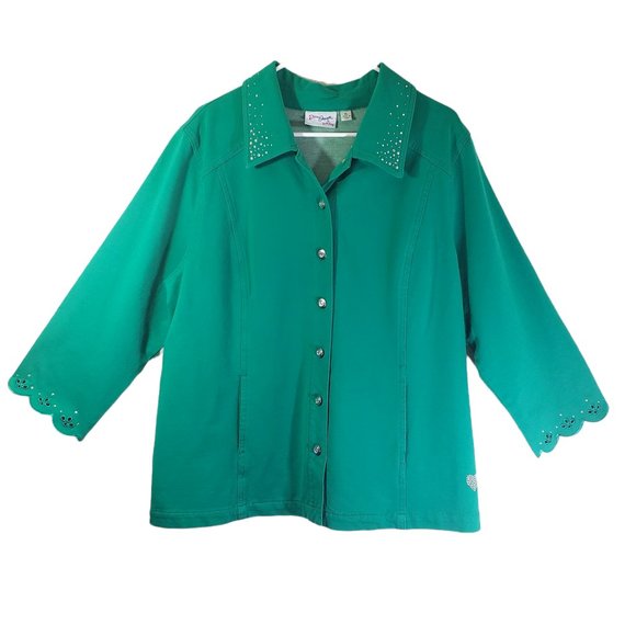 DREAM JEANNES, QUACKER FACTORY XL Green, Rhinestones, 3/4 Length Sleeves Jacket - Picture 1 of 10